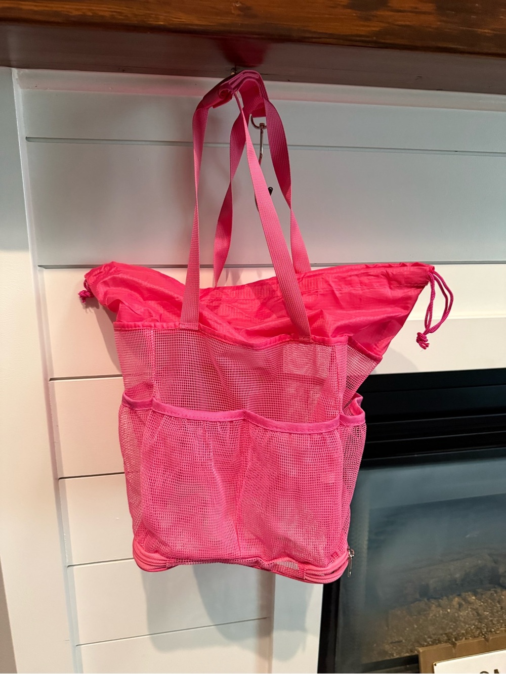 Pink Mesh Tote Bag or shower caddy with Drawstring Top and lots of spaces OS